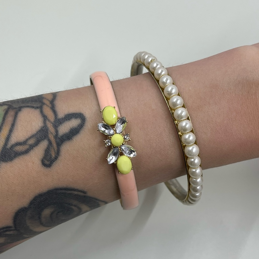 Lot of 2 Vintage Y2K Bangle Bracelets with Pink Enamel, Rhinestones & Pearls